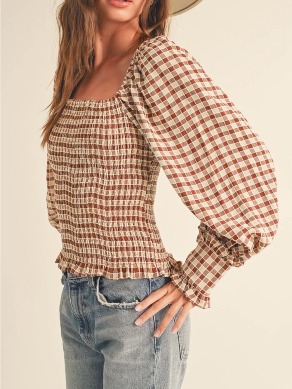 Molly Green Ginger Check Gingham Smocked Square Neck Top M - Picture 2 of 8